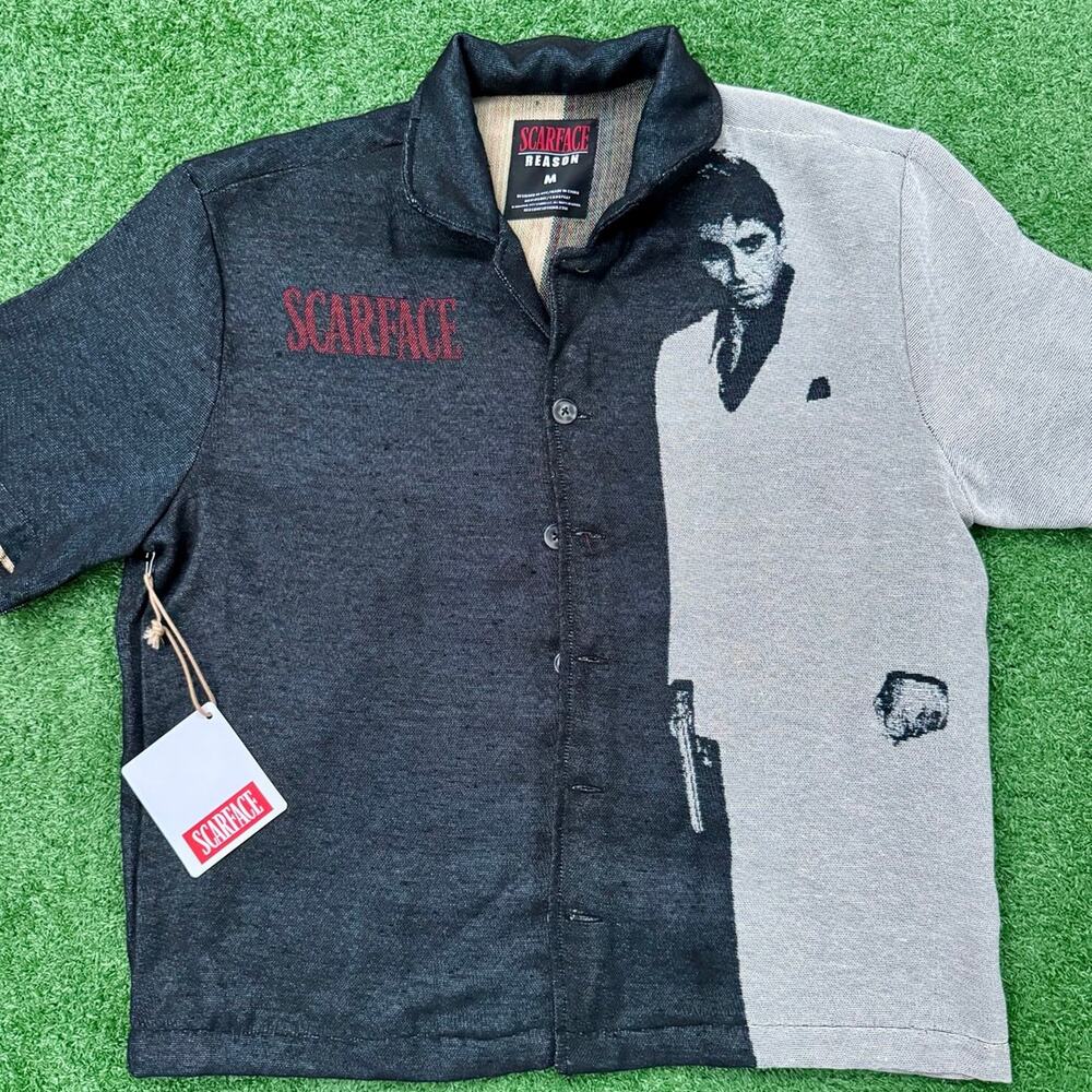 Scarface x Reason Split Black And Gray Collar Button Up T Shirt New With Tag